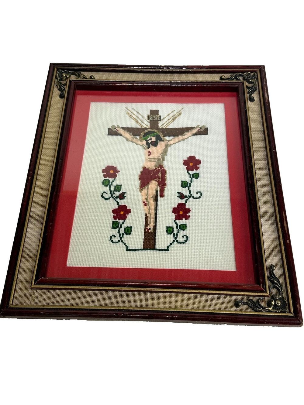 Vintage Handmade Jesus Crucifix Cross Stitch Framed Religious Folk Art Roses